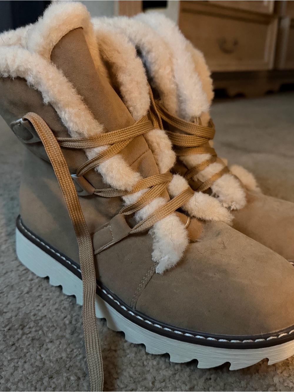 Suede Faux-Fur Lined Tan Women's Lace-Up Winter Boots